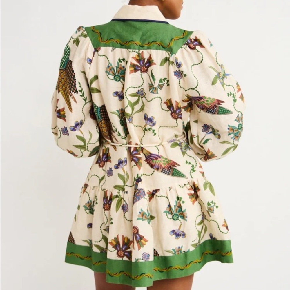 Zimmermann Cream Floral Mini Dress with Green Trim and Tie Waist - Picture 4 of 5